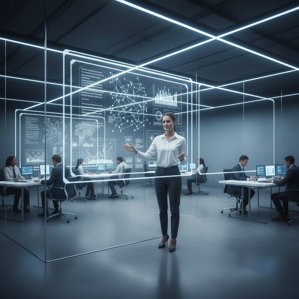 Futuristic data center server room with blue neon lights